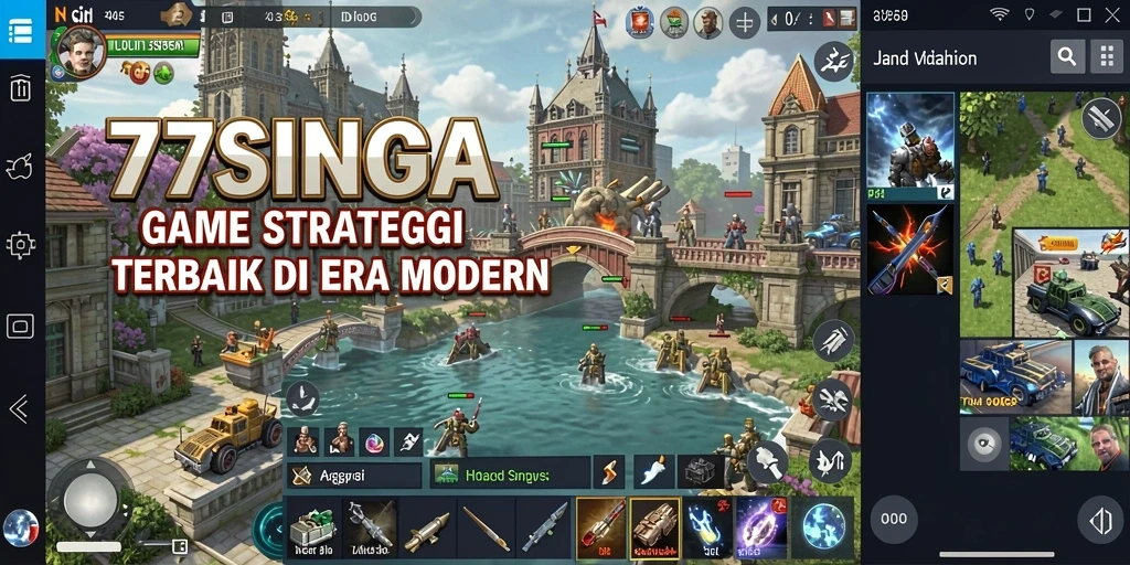 Screenshot utama 77SINGA menampilkan aksi pertempuran strategi yang intens.