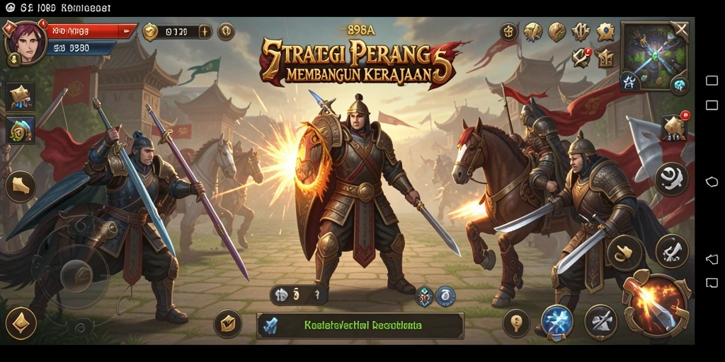 Screenshot gameplay SLG yang menampilkan pertarungan dan pembangunan kerajaan.