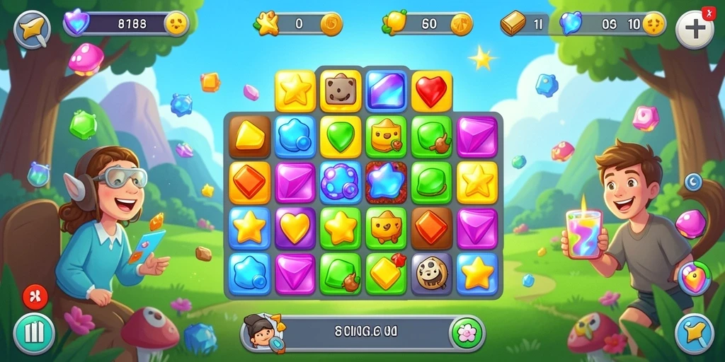 Tampilan gameplay seru di dalam 8II dengan pencocokan warna permata.