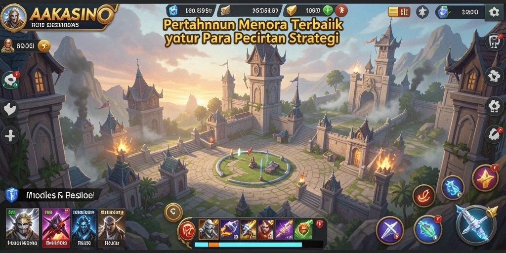 Screenshot gameplay AAKASINO menampilkan pertahanan menara yang strategis dan menarik.