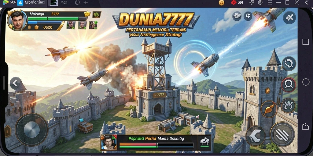 Screenshot utama DUNIA777 menampilkan aksi pertahanan menara yang mendebarkan.