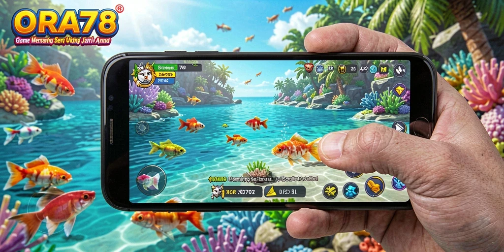 Tampilan gameplay ORA78 saat menangkap ikan di lokasi memancing yang indah.