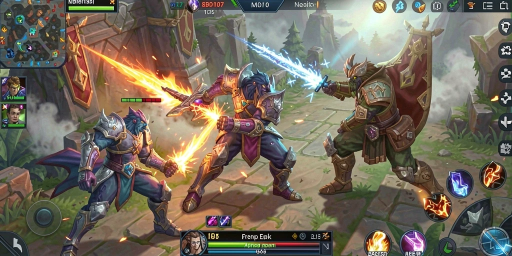 Screenshot gameplay SD107 menampilkan aksi seru dalam pertempuran MOBA.