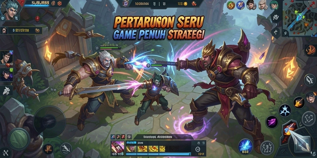 Screenshot permainan SUBUR88 dengan pertempuran yang intens dan karakter yang beragam.